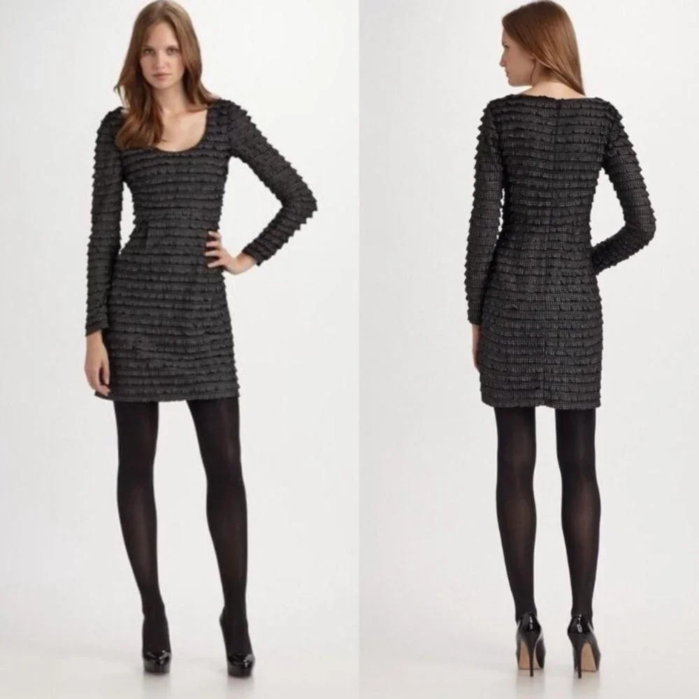 Nanette Lepore Black Silver Dot Long Sleeve Tiered Ruffle Metallic Dress Size 4